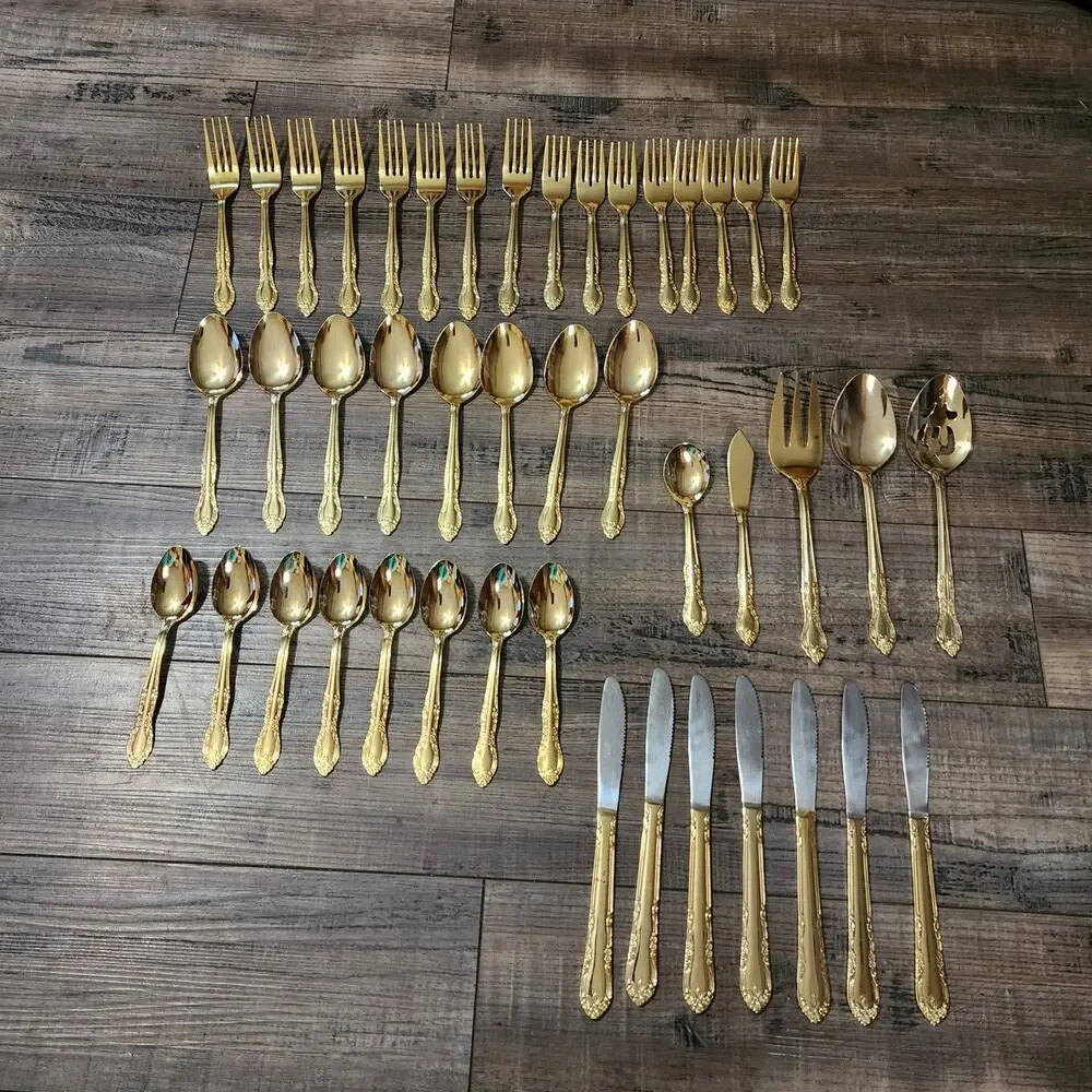 Gold Toned Flatware stainless china setting for 8 plus serving Utinsels X
